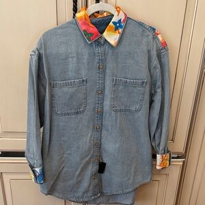 Denim Button Down Shirt with Colorful Faux Louis Vuitton Accents